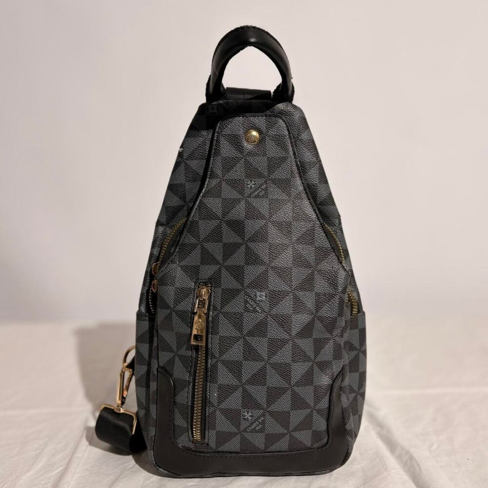 Mezon Handbags/Arrow Boutique Monogram Sling Backpack - Black/Grey Geometric
